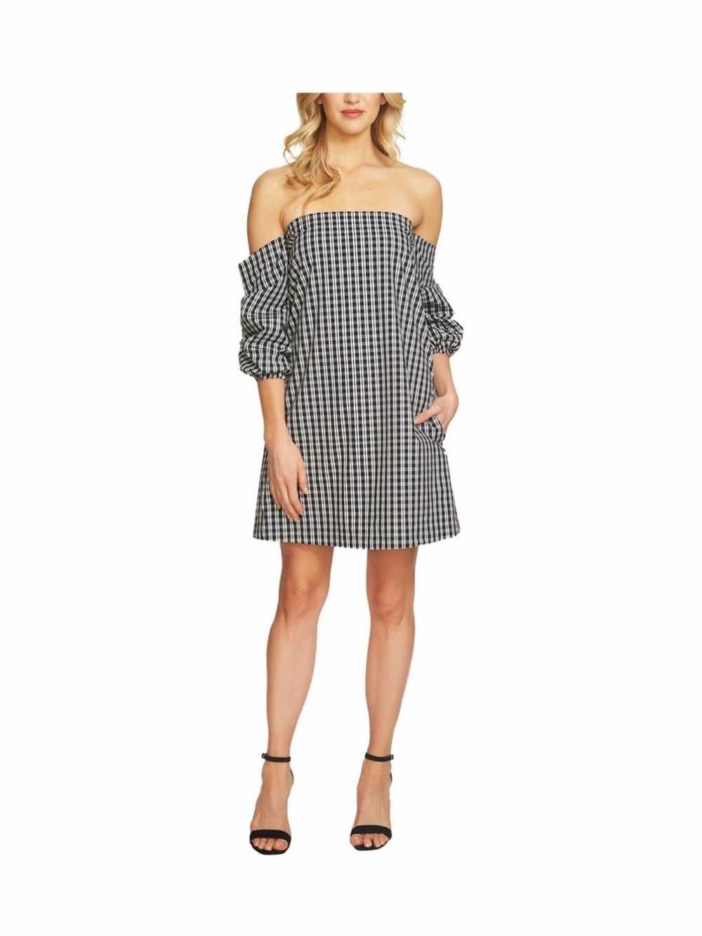 1. State Black and White Gingham Off-Shoulder Mini Dress